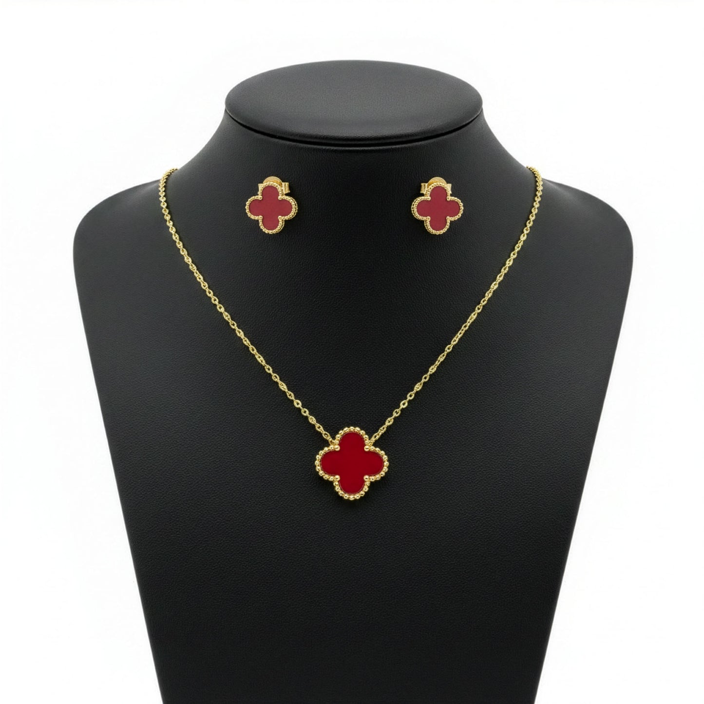 Set Trèfle Vermeil buste trois quarts collier boucles rouge doré — Beauty Store Maroc