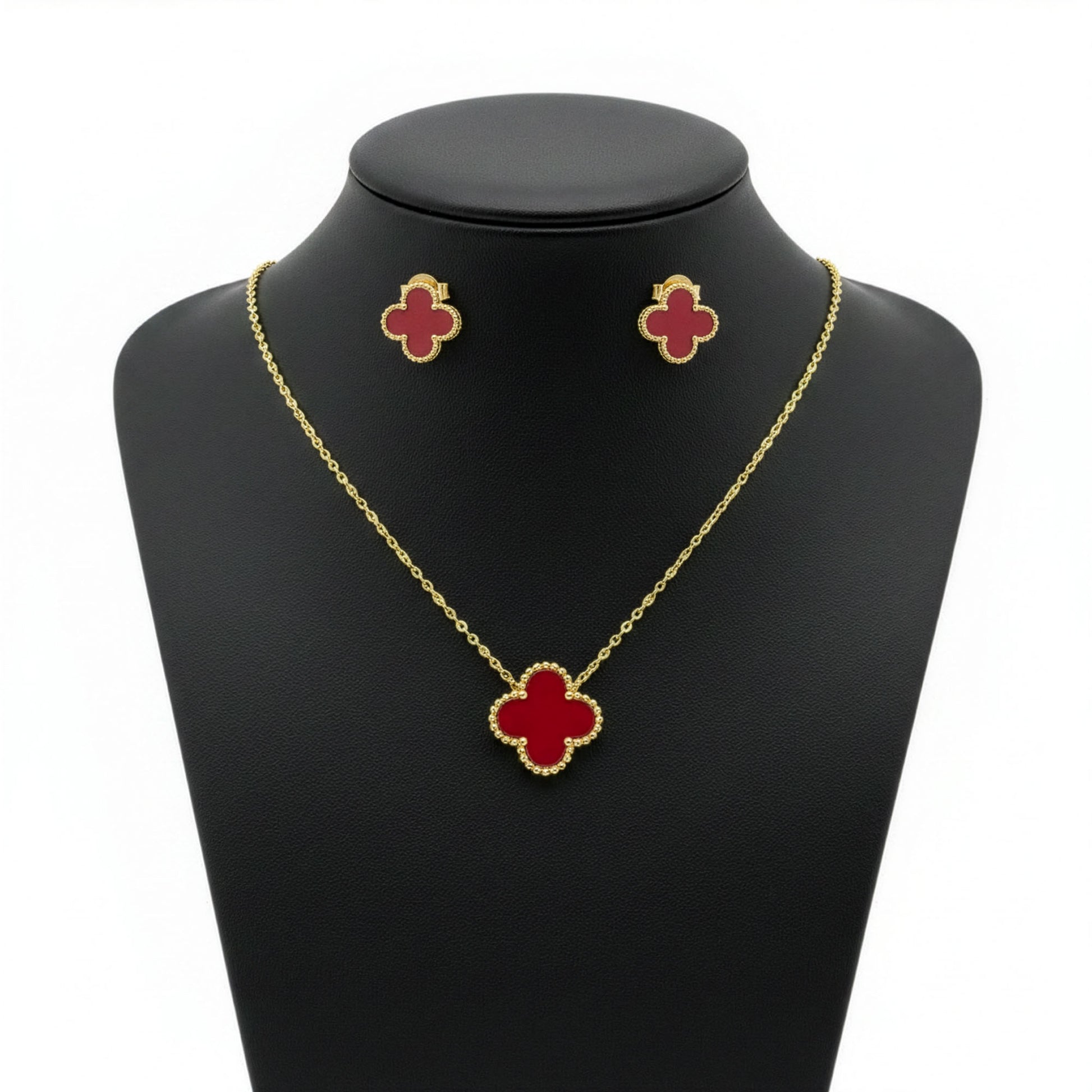Set Trèfle Vermeil buste trois quarts collier boucles rouge doré — Beauty Store Maroc