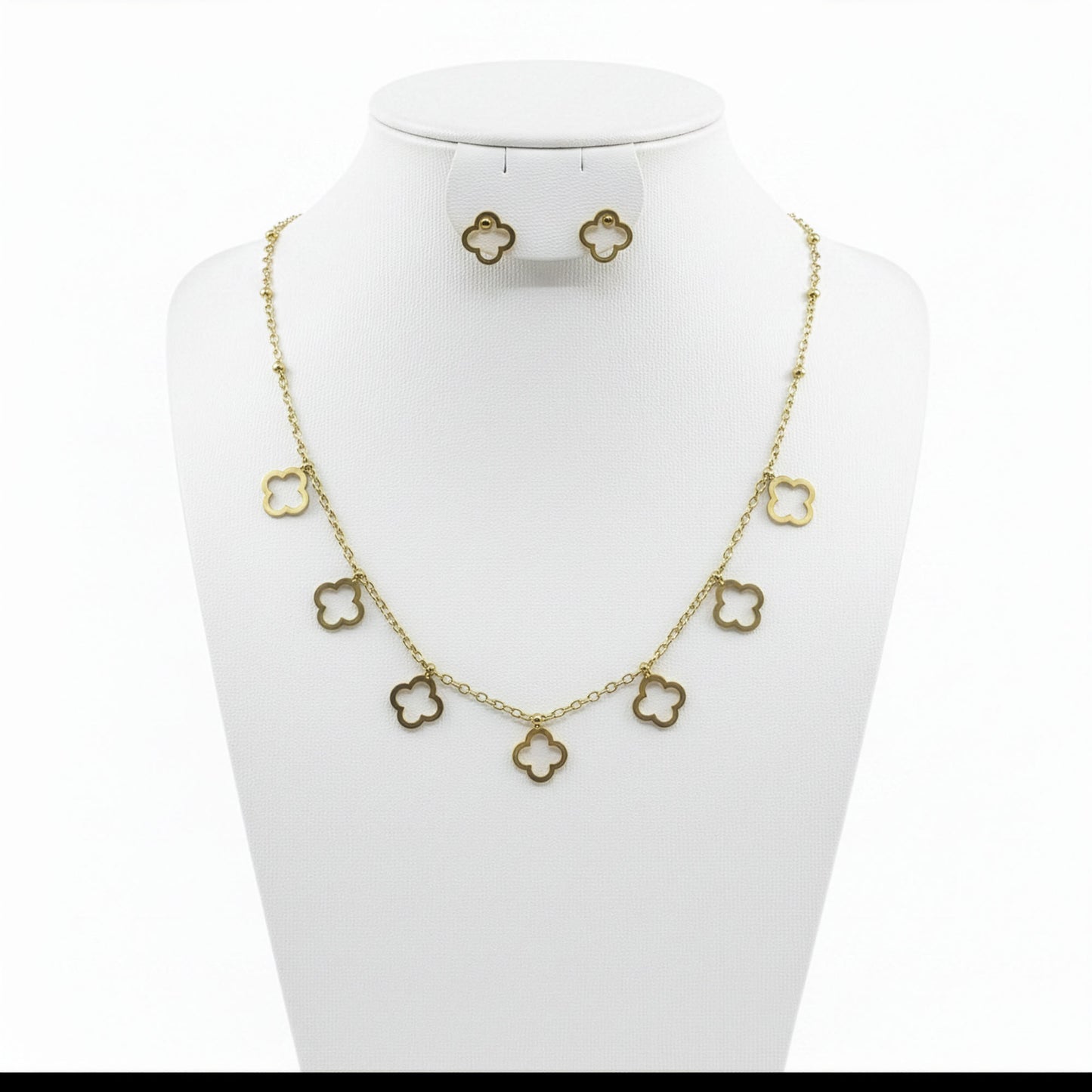 Set Trèfle Cascade acier inoxydable doré — collier et boucles coordonnés | Beauty Store Maroc