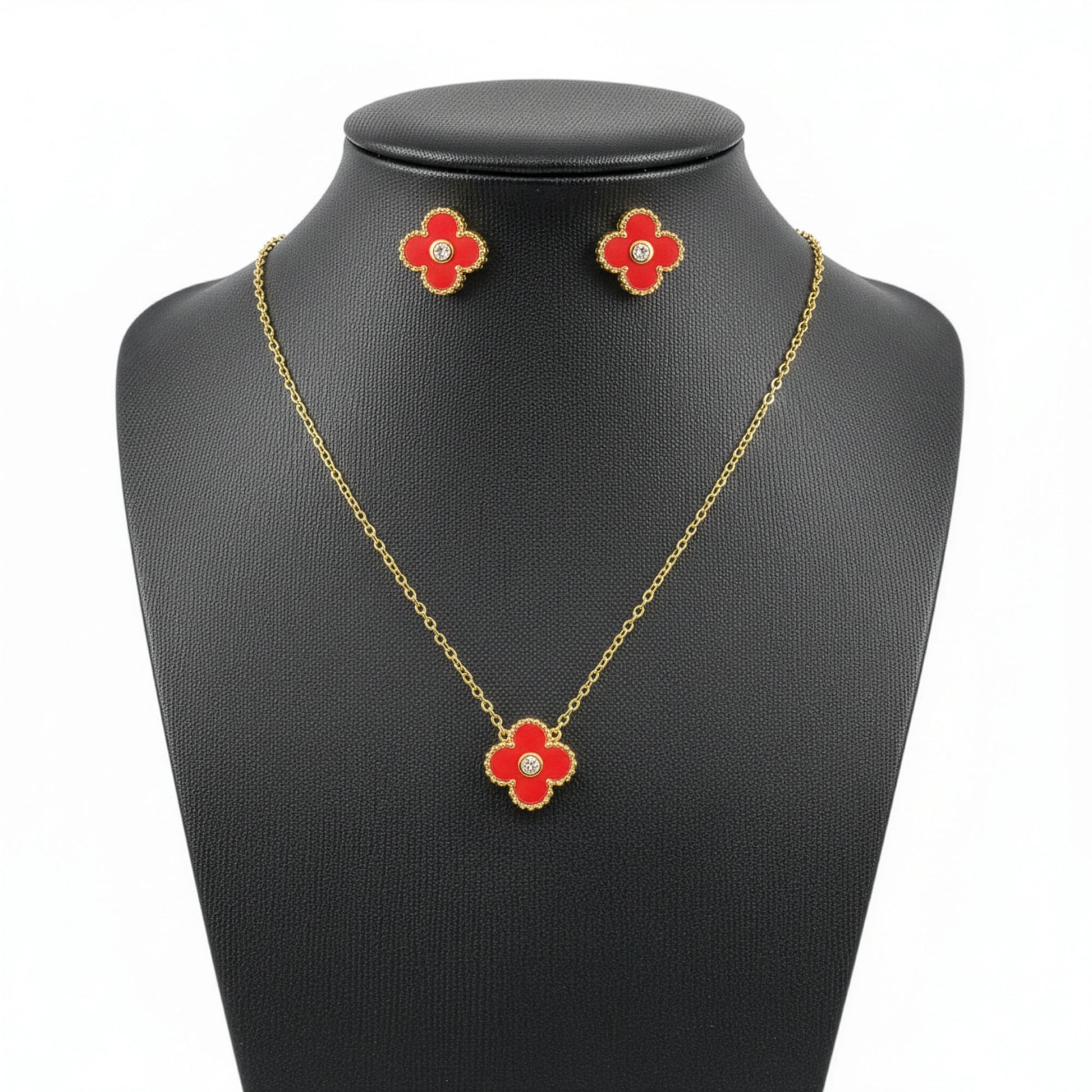 Set Trèfle Lumière Vermeil collier et boucles rouge vermeil cristal sur buste — Beauty Store Maroc