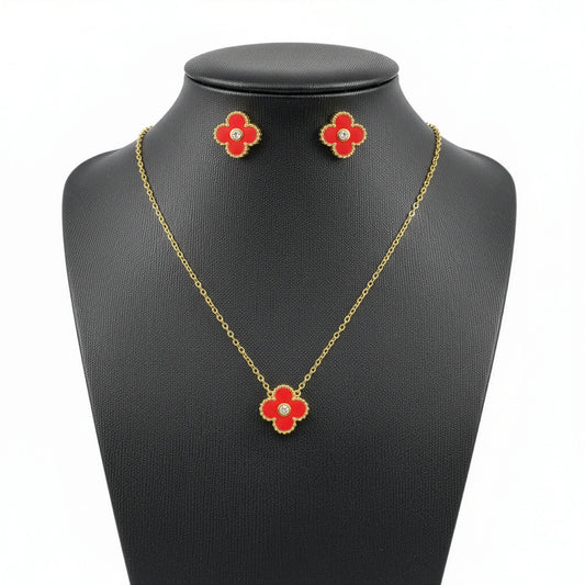 Set Trèfle Lumière Vermeil collier et boucles rouge vermeil cristal sur buste — Beauty Store Maroc
