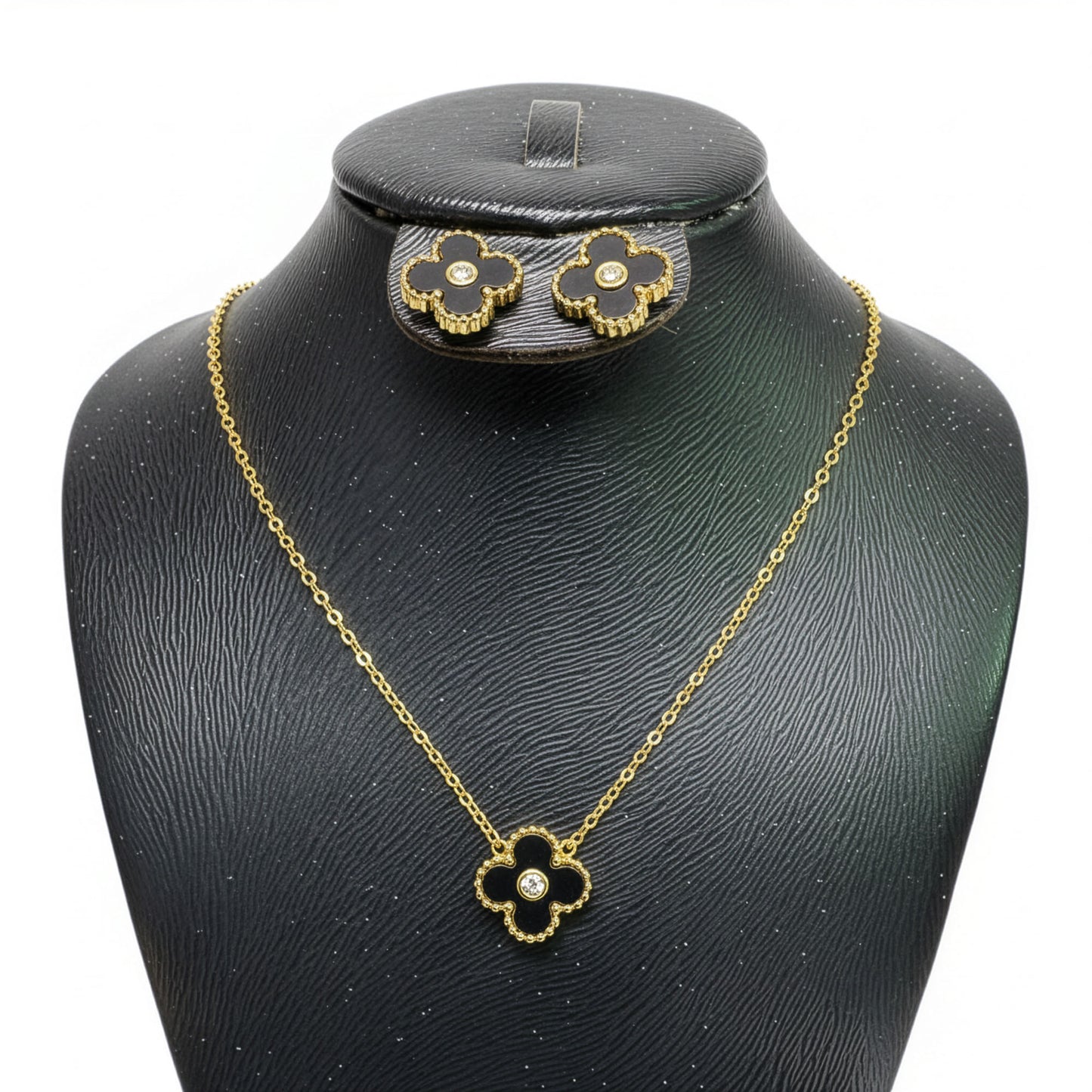 Set Trèfle Lumière Onyx collier et boucles cristal doré sur buste noir — Beauty Store Maroc