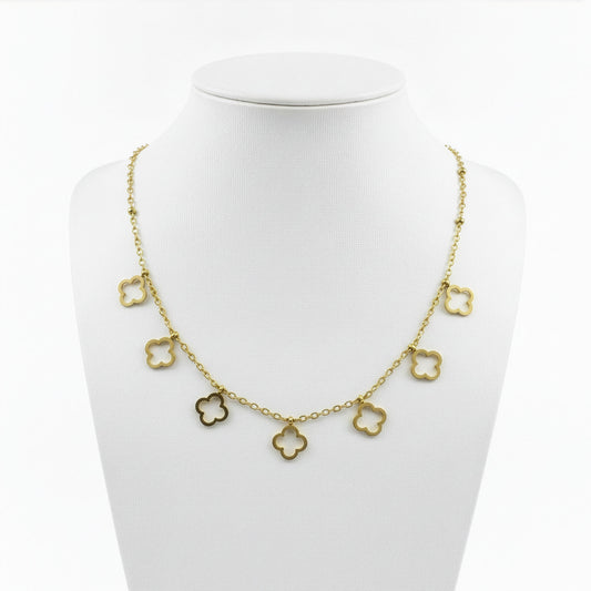 Collier Trèfle Cascade doré — 7 pendentifs trèfle ajourés sur chaîne fine | Beauty Store Maroc