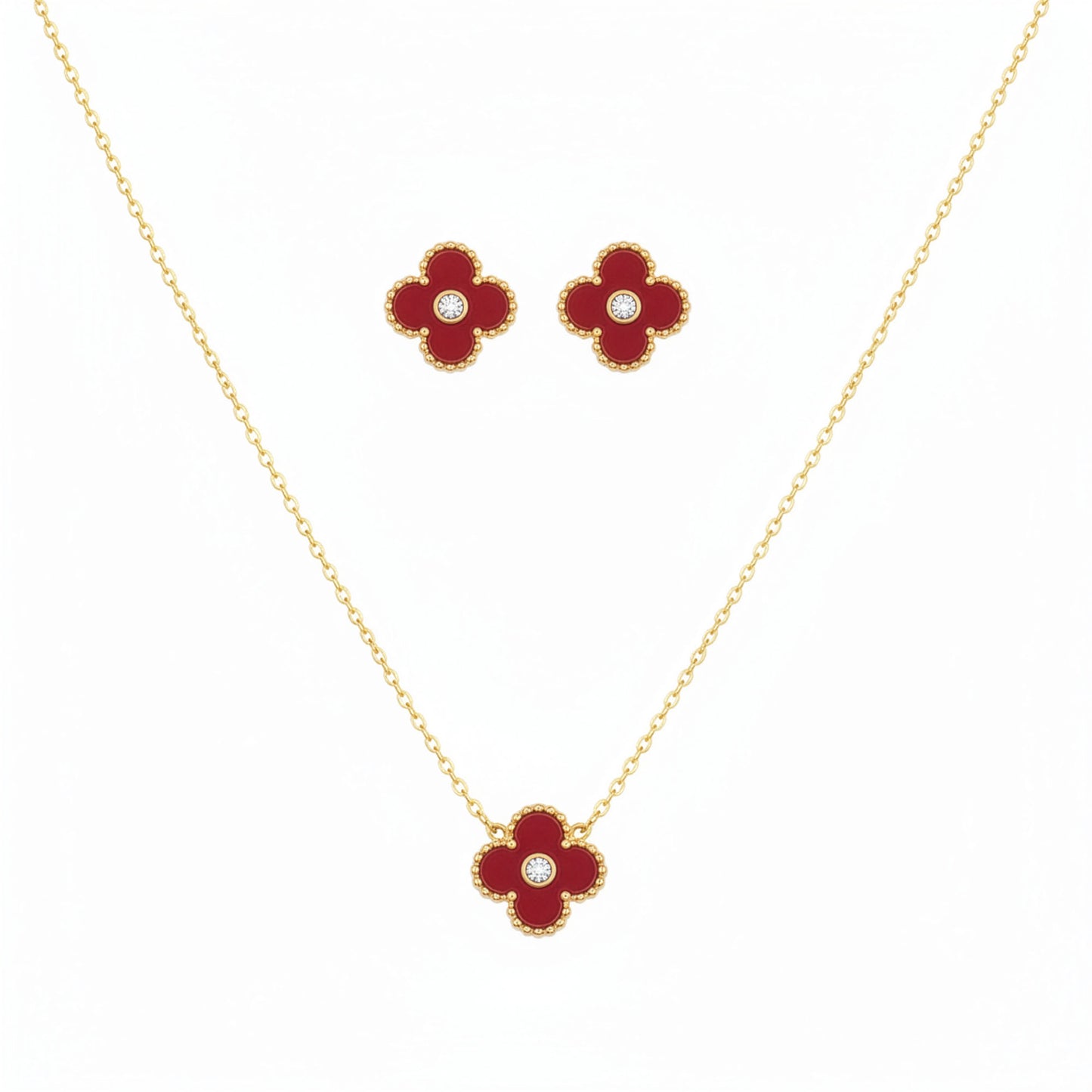 Set Trèfle Lumière Vermeil vue complète collier boucles acier inoxydable rouge vermeil — Beauty Store Maroc