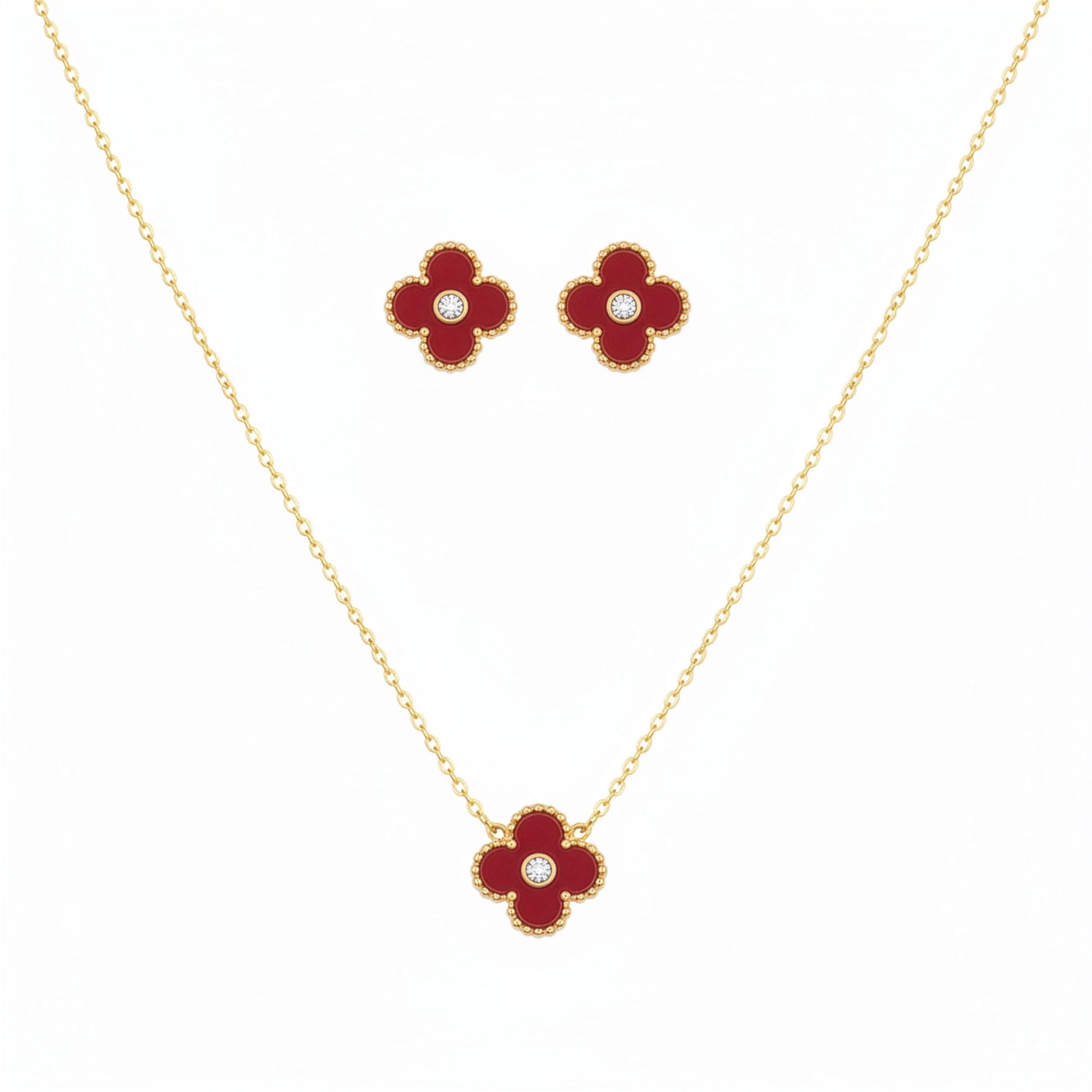 Set Trèfle Lumière Vermeil vue complète collier boucles acier inoxydable rouge vermeil — Beauty Store Maroc