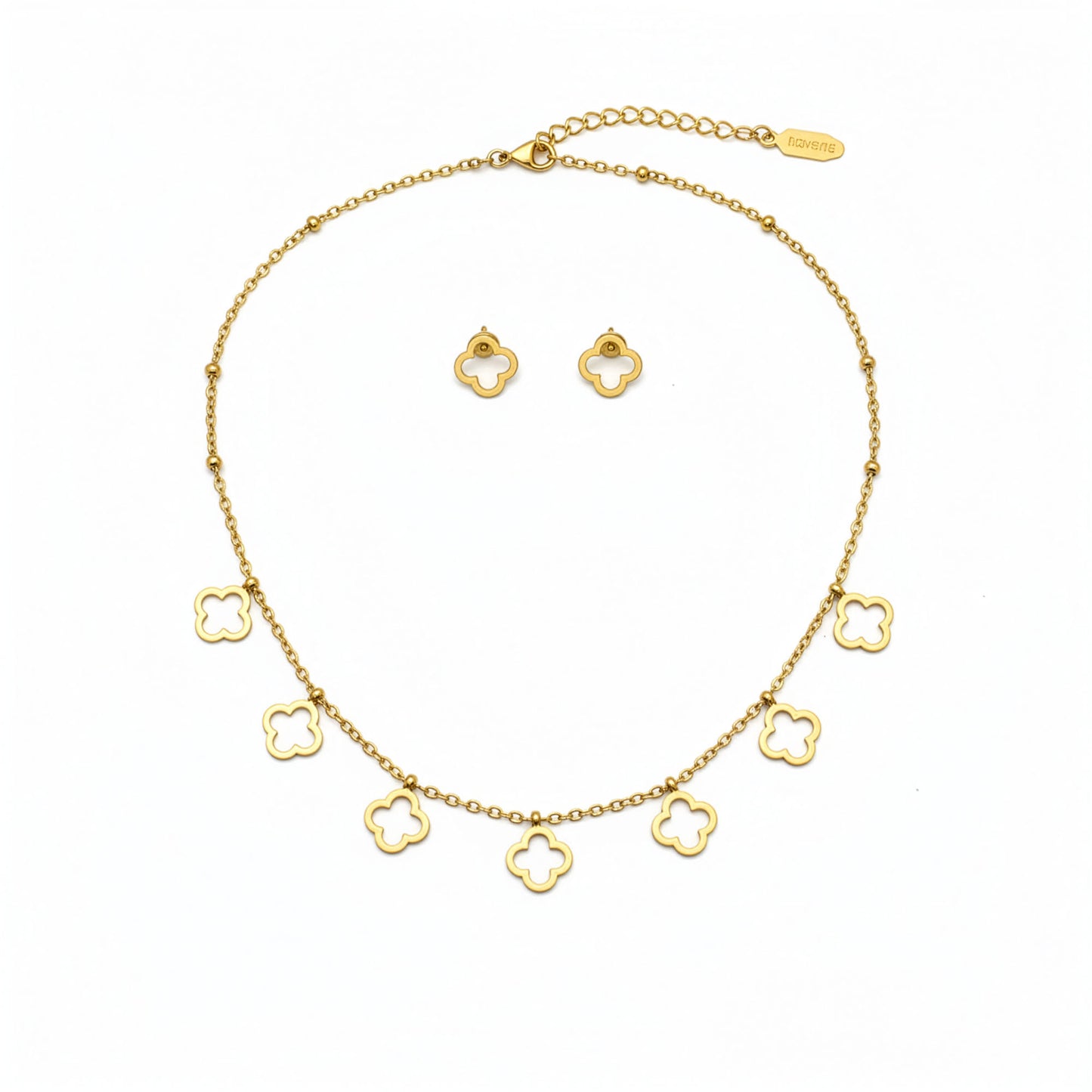 Set Trèfle Cascade doré flatlay fond blanc — cadeau bijou femme Maroc | Beauty Store